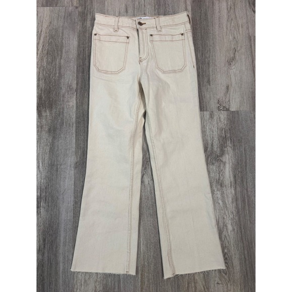 Zara Denim - ZARA High Waisted Wide Leg Jeans Cream Tan Contrast Stitch Raw Hem Women US 4